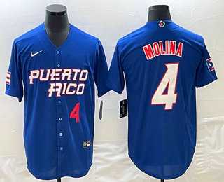Mens Puerto Rico Baseball #4 Yadier Molina Number 2023 Blue World Baseball Classic Stitched Jersey->2023 world baseball classic->MLB Jersey